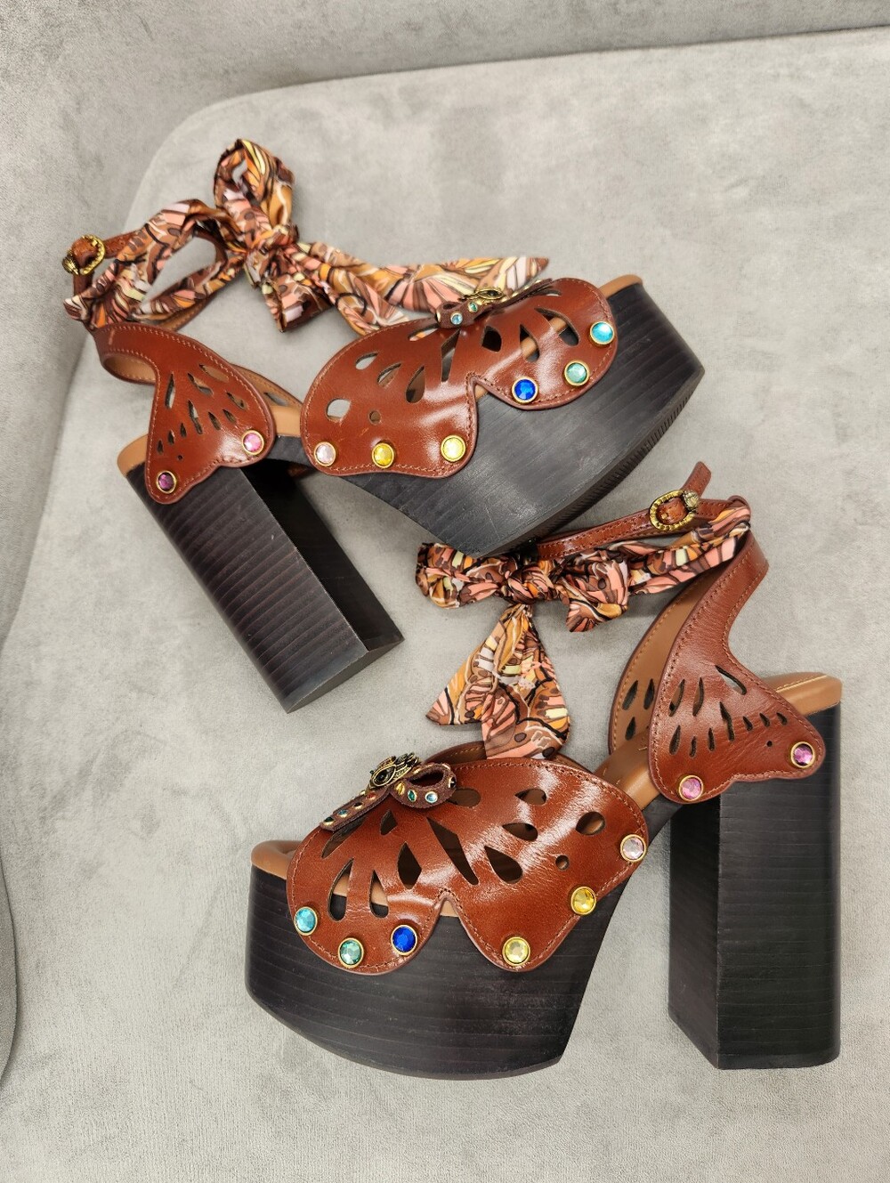 Kurt Geiger Butterfly Sandals 6 Brown Leather Platform Ankle Strap New $260